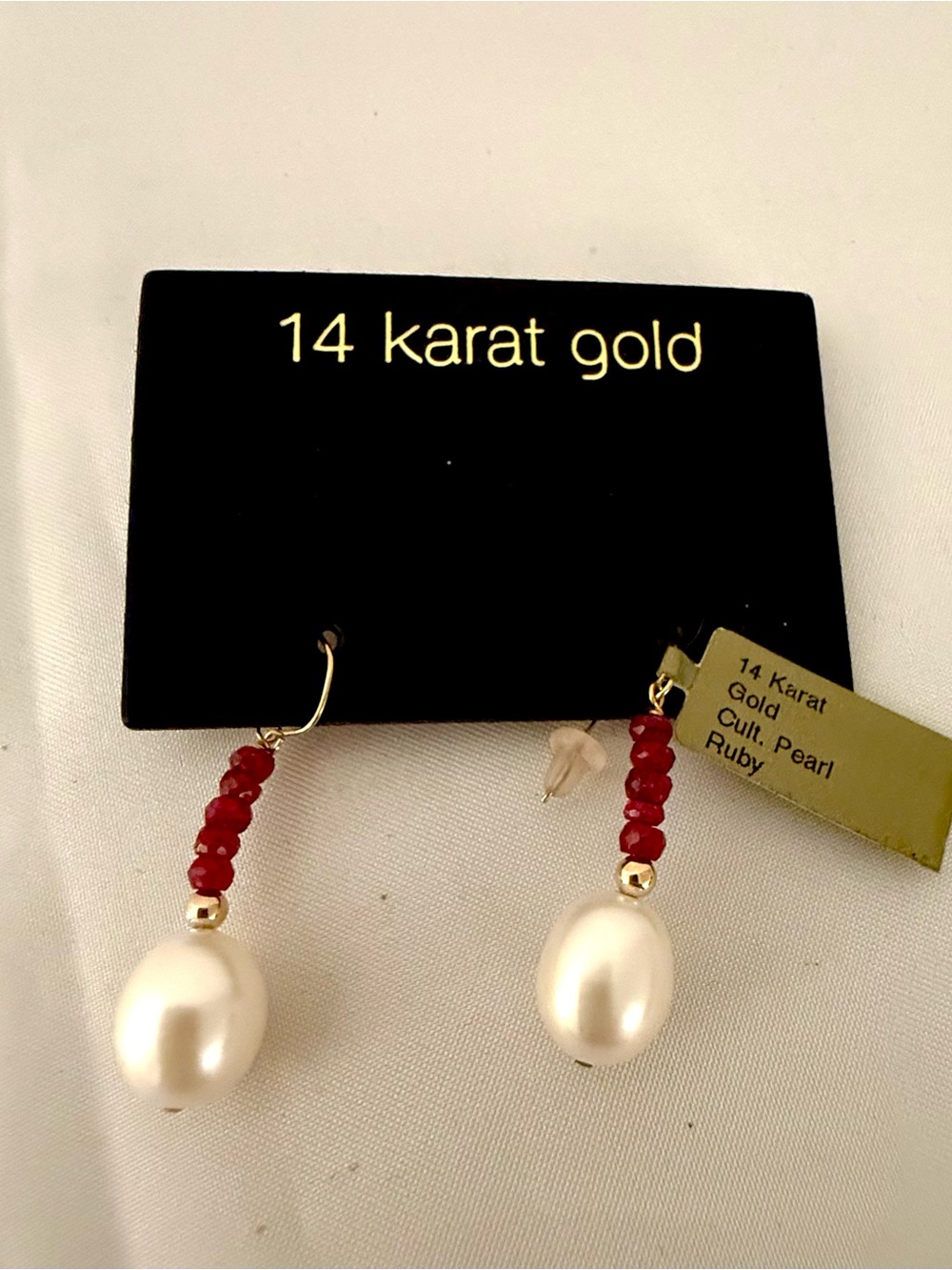 14K Yellow Gold Ruby Bead & Cultured Pearl Drop Dangle Earrings 1.25" NWT